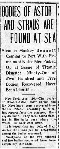 an old newspaper article about bodies of aster and straus are found at sea