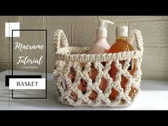 a crocheted basket with soap and lotion in it