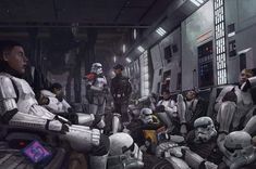 a group of star wars sit in a space station