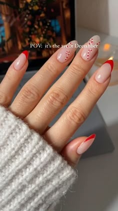 "Christmas-themed nail art featuring red and green hues, snowflakes, and glitter. Festive holiday nail designs for a stylish and glamorous look. #ChristmasNails #NailArt #HolidayBeauty" Christmas Nail Inspo Candy Cane, Easy Santa Nail Art, Beginning Of December Nails, Christmas Nails How To, Short Elegant Christmas Nails, Simple Christmas Nail Designs Almond, Fall Manicure Designs, Ideas For Christmas Nails, Cute Nail Ideas Fall