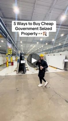 a man running through a warehouse with the text 5 ways to buy cheap government sized property