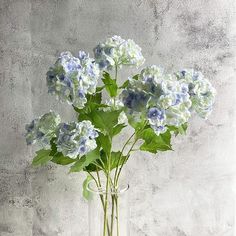 a vase filled with blue and white flowers