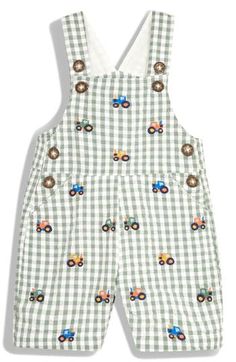 Darling embroidered tractors roll across gingham check shortalls cut from breezy cotton and finished with adjustable button straps. Adjustable button straps Front slant pockets 100% cotton Machine wash, tumble dry Imported Tractor Embroidery, Picnic Gingham, Green Tractors, Green Gingham, Easy Dressing, Boy Clothes, Fabric Gift Bags, Baby Outfits, Gingham Check