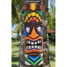 a tiki mask is hanging on a tree