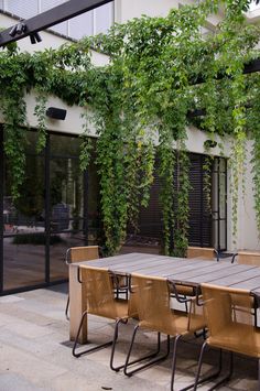 an outdoor dining area with wooden tables and chairs covered in green ivys on the wall