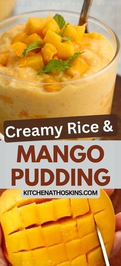 creamy rice and mango pudding in a glass bowl