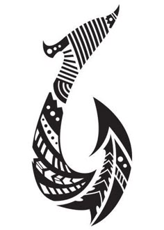 a black and white drawing of a fish with stripes on it's tail, in the shape of a stylized design