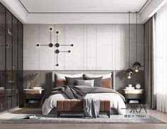 a bedroom with a bed, nightstands and lamps on the wall next to it