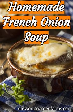 homemade french onion soup in a brown bowl