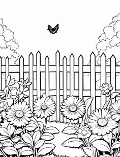 a black and white image of flowers in front of a fence with a butterfly flying over it