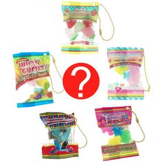 six bags of gummy candy with the question mark on one bag and four packs of gummy