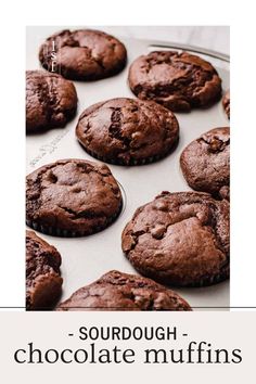 chocolate muffins on a baking sheet with the words sourdough chocolate muffins