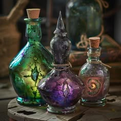 three colorful glass bottles sitting on top of a wooden table