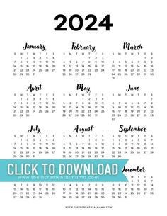 a calendar with the words, click to printable for each month and date on it