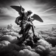 an angel sitting on top of a statue in the clouds