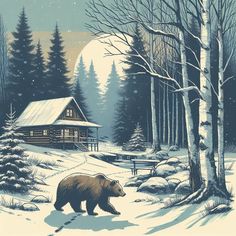 a brown bear walking across a snow covered forest next to a cabin in the woods