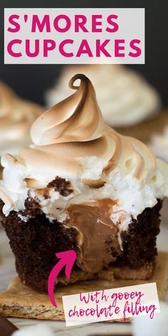 there is a chocolate cupcake with whipped cream on top and the words, s'mores cupcakes