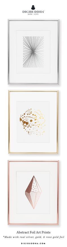 three framed artwork pieces with gold foil on them and the words, abstract foil art prints