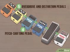 five different types of pedals are shown in this graphic above the words, overdrive and distortion pedals pitch - shifting pedal