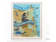 the virginia beach state map is framed in wood