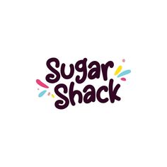 the words sugar shack are painted in black and purple on a white background with sprinkles