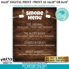 the smore menu is displayed on a wooden sign