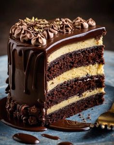 a piece of cake with chocolate frosting on a blue plate next to a fork