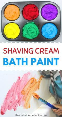 a child's hand holding a paintbrush in front of a tray with different colored crayons and the words shaving cream bath paint