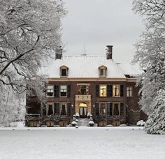 a large brown house surrounded by trees covered in snow