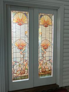 This is for a pair of two Victorian style stained glass look French door window enhancement films. These are printed on adhesive that you just peel and apply to the window plexiglass or real glass for you one inch to the foot dollhouse. You can even add them to Windows on a finished house. The measurement of the design area is  1.3998 in wide 5.808 in tall 3.55 cm 14.75 cm  It is displayed on a Houseworks Double French door #6011 ### Listing is for a plastic window decal that will fit on these doors, no doors are included ### What makes our windows different?  All of our windows are professionally printed using a commercial printer using high quality archival cannon photo ink that is UV resistant and is approved for displaying for over 10 years without degrading or fading. The plastic shee Double French Door, French Door Windows, Stained Doors, Coquille Saint Jacques, Plastic Window, Stained Glass Door, Glass French Doors, Double French Doors, Plastic Windows