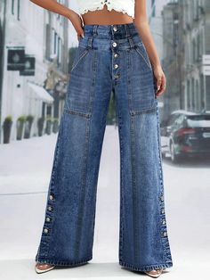 Jeans de cintura alta y pierna ancha Look Boho Chic, High Waist Wide Leg Jeans, Criss Cross Dress, Denim Decor, Flared Sleeves Top, Pants Fit, Africa Fashion, High Waisted Jeans