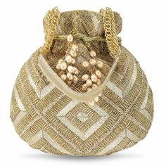 ITEM DETAIL KEY FEATURES : Potli Bag Dimension:- L - 8 x W - 0.8 x H - 6.6 Inches, Weight- 0.27 KG | Type:- Drawstring | Color:- Gold | Size:- Regular | Material:- Fabric DESIGN: Embellished with Indian hand work, the soft fabric interior of the evening bag has enough room to keep your credit card, cash, and other small essentials like mobile phones, lipstick, highlighter, keys. The beaded bag comes with tassel dori drawstring and pearl handle. OCCASION: These women’s evening handbags are perfec Designer Embroidered Gold Shoulder Bag, Beaded Clutch Bags For Festivals, Beaded Festival Clutch Bag, Festival Beaded Clutch Bag, Designer Gold Embroidered Shoulder Bag, Beaded Pouch Potli Bag For Gift, Beaded Pouch Potli Bag As Gift, Beaded Potli Bag Gift Pouch, Beaded Potli Bag Pouch For Gifts