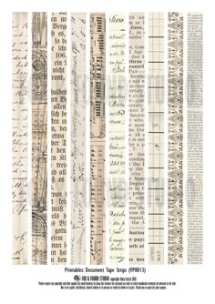 some old papers are lined up with different types of writing and numbers on them,