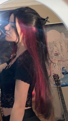 Colored Underlayer Hair, Under Streaks Hair, Underlayer Hair Dye Red, Red Hair Underdye, Under Red Hair Dye, Underlayer Dyed Hair, Black Hair W Red Underneath, Hair Dye Underlayer, Hair Dye Inspo Long Hair