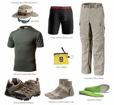 men's clothing and accessories are arranged on a white background, including hiking gear