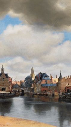 a painting of a river with buildings in the background