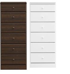 two white and brown dressers side by side, one with drawers on each side