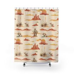 a shower curtain with desert scenes on it