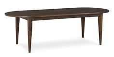 a wooden table with two legs and a long oval shaped dining table in the middle