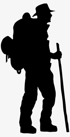 a black and white silhouette of a man with a hat and backpack holding a cane