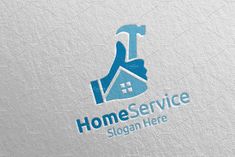 the logo for home service is shown on a white paper with blue letters and a house