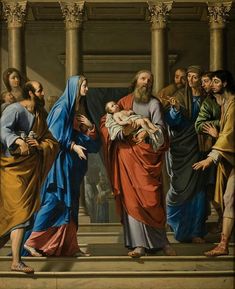 a painting of jesus holding the infant in his arms while surrounded by other people and men