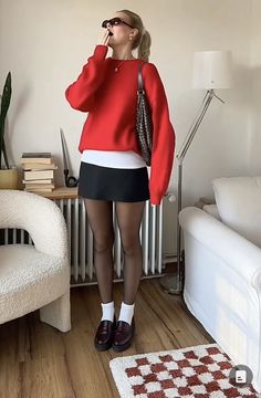 Chic Mini Skirt Outfit, Red Cardigan Skirt Outfit, Shopping Aesthetic Outfits, Dresses With Heels Outfit, Vintage Preppy Fashion, Chic Clothes Aesthetic, December Fashion Outfits, Skirt Tights And Sweater Outfit, Nyc Core Outfits