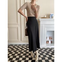 Fall Niche Satin Black Skirt  Material: 100% Polyester  Size: S, M, L, XL Color: Black  Season: Spring, Fall,   Occasion: Leisure, Outdoor, Daily, Vacation,Fall Outfits Black Floral Skirt Outfit, Black Silk Skirt Outfit, Satin Black Skirt, Black Satin Skirt Outfit, Long Black Skirt Outfit, Fall Outfits Pinterest, Silk Skirt Outfit, Black Top Outfit, Floral Skirt Outfits