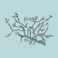 a drawing of a branch with flowers and leaves on it, against a blue background