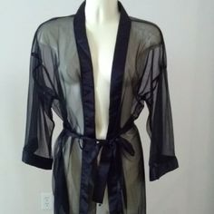 Sexy Mid-Length Sheer Robe With Solid Black Edging, Cuffs And Belt. One Size. Body 100% Nylon, Trim 100% Polyester. Hand Wash. Use Cool Iron. No Bleach. Made In U.S.A. Nwot Black Long Sleeve Sleepwear For Evening, Black Fitted Sheer Sleepwear, Elegant Black Sheer Sleepwear, Fitted Black Sleepwear For Wedding Night, Black Fitted Sleepwear For Wedding Night, Sheer Robe, Sleepwear Robe, Rave Outfits, Mid Length