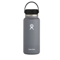 the hydro flask water bottle in grey with black lid and handle is shown against a white background