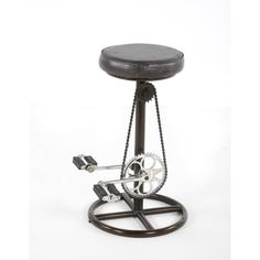 a black stool with wheels and chains attached to the backrest is shown in front of a white background