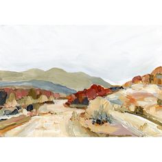 an oil painting of a road with mountains in the background