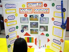 a woman standing in front of a poster with information about skittles and color science